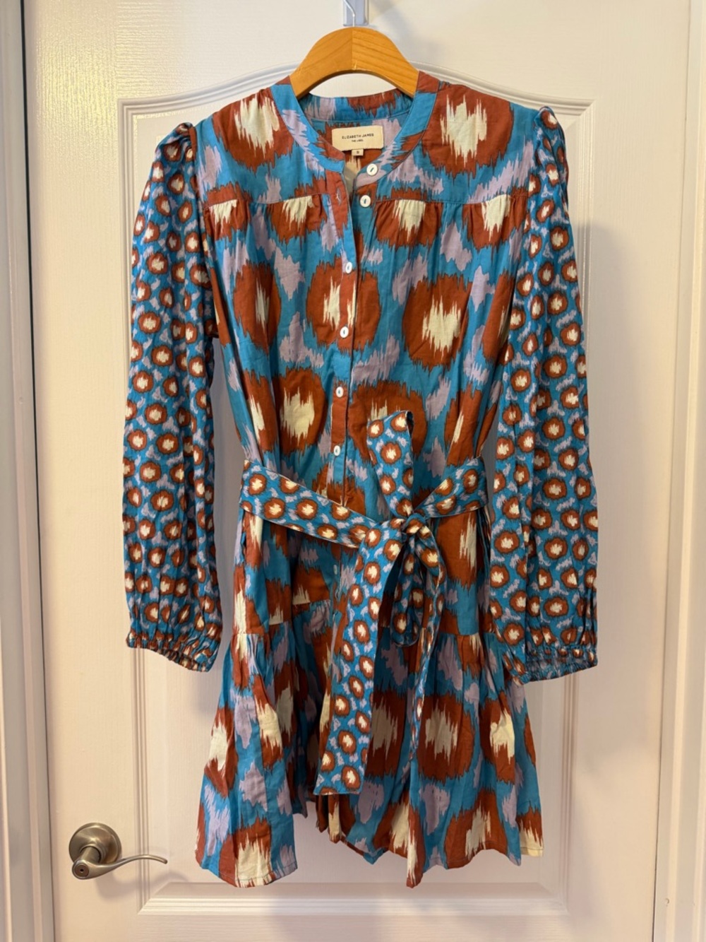 Elizabeth and James Blue and Brown Printed Tie-Waist Mini Dress